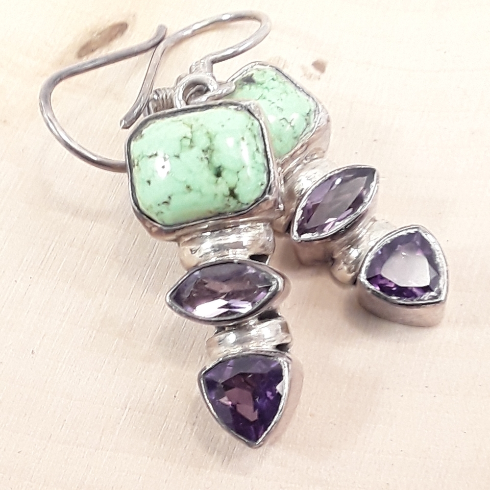 Womens Gaspeite Amethyst Sterling Silver Earrings